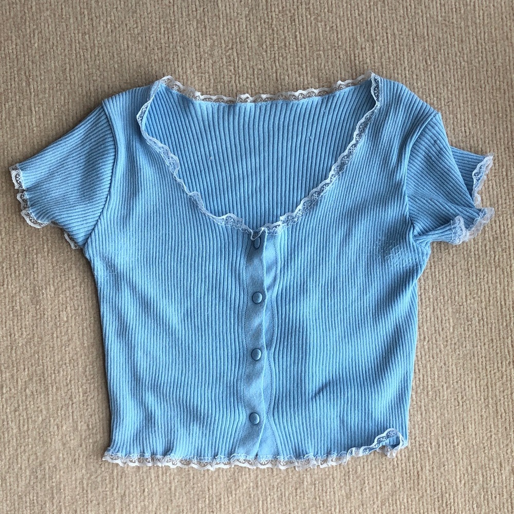 Light Blue Lace-Trim Ribbed Button Front Top